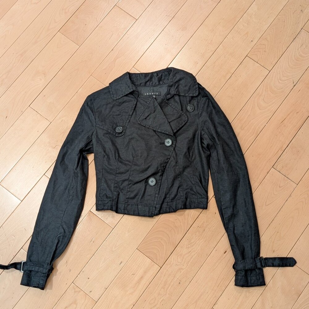 SOLD Theory 100% Linen Cropped Trench Coat Women Size P Black
